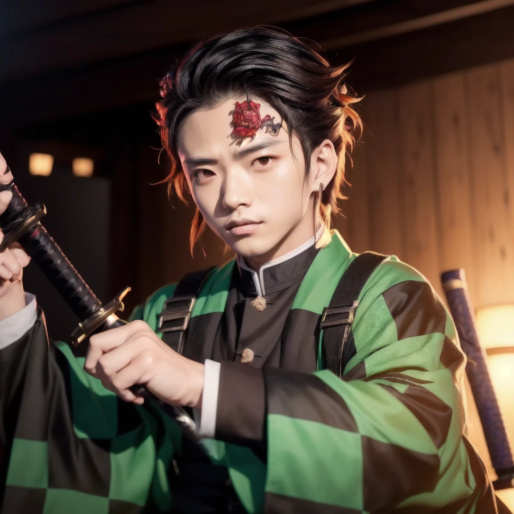 there is a woman holding a samurai sword in a room, handsome guy in demon slayer art, demon slayer rui fanart, demon slayer artstyle, kimetsu no yaiba, tanjiro kamado, demon slayer, badass anime 8 k, tsurumaki kazuya, rin, makoto shinka, handsome japanese demon boy, portrait shot