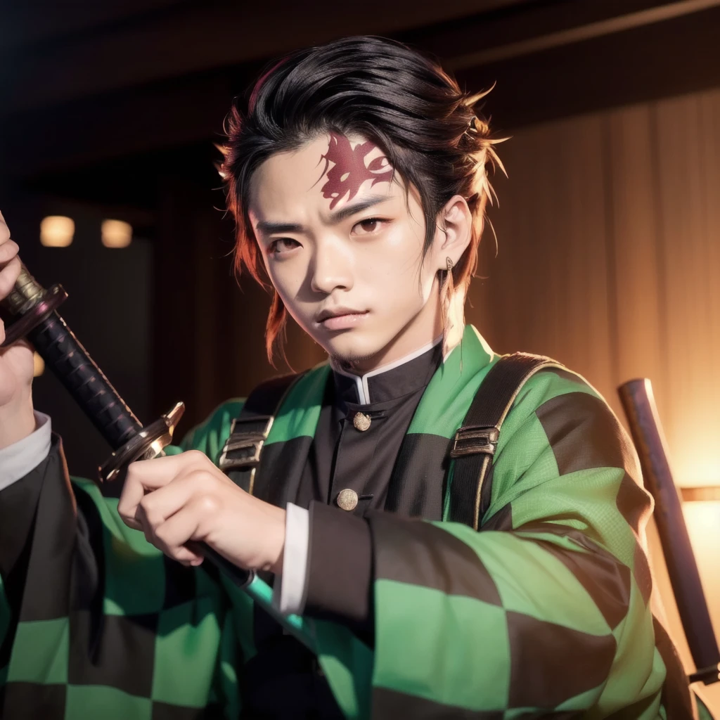 there is a woman holding a samurai sword in a room, handsome guy in demon slayer art, demon slayer rui fanart, demon slayer artstyle, kimetsu no yaiba, tanjiro kamado, demon slayer, badass anime 8 k, tsurumaki kazuya, rin, makoto shinka, handsome japanese demon boy, portrait shot