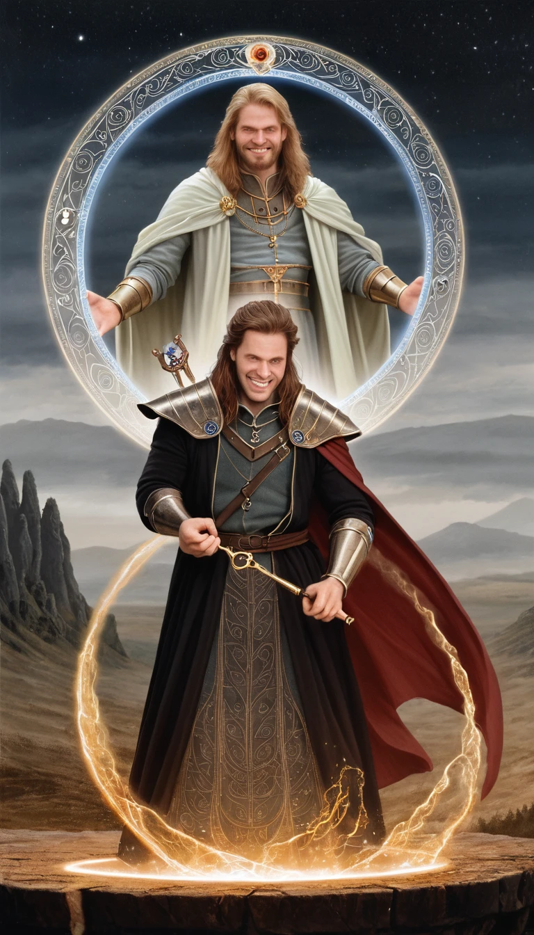 masterpiece, best quality, high quality, 1boy, digital painting, Gatekeeper of prompts, Gatekeeper, Key, Portal, Fantasy, Fine Art, Digital Art, Magical, Mystical, Ethereal, Unique Style, Highly Textured, Intricate Details, Vibrant Colors, ((by J.R.R. Tolkien, by Salvador Dali, by Brian Froud)), absurdres, Dynamic Pose, Vigilant Stance, Gate, Fantasy Art, Magic, Protector, Surreal, Symbolic, (evil grin, grin), yellow eyes