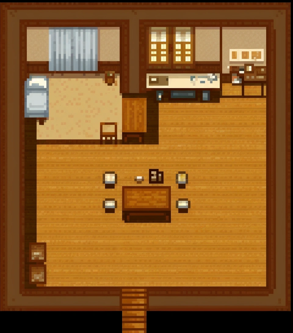 masterpiece,Best quality,pixel art,Room close-up,There was a table and a chair, Role playing game maker style bedroom, house interior, Old apartment,