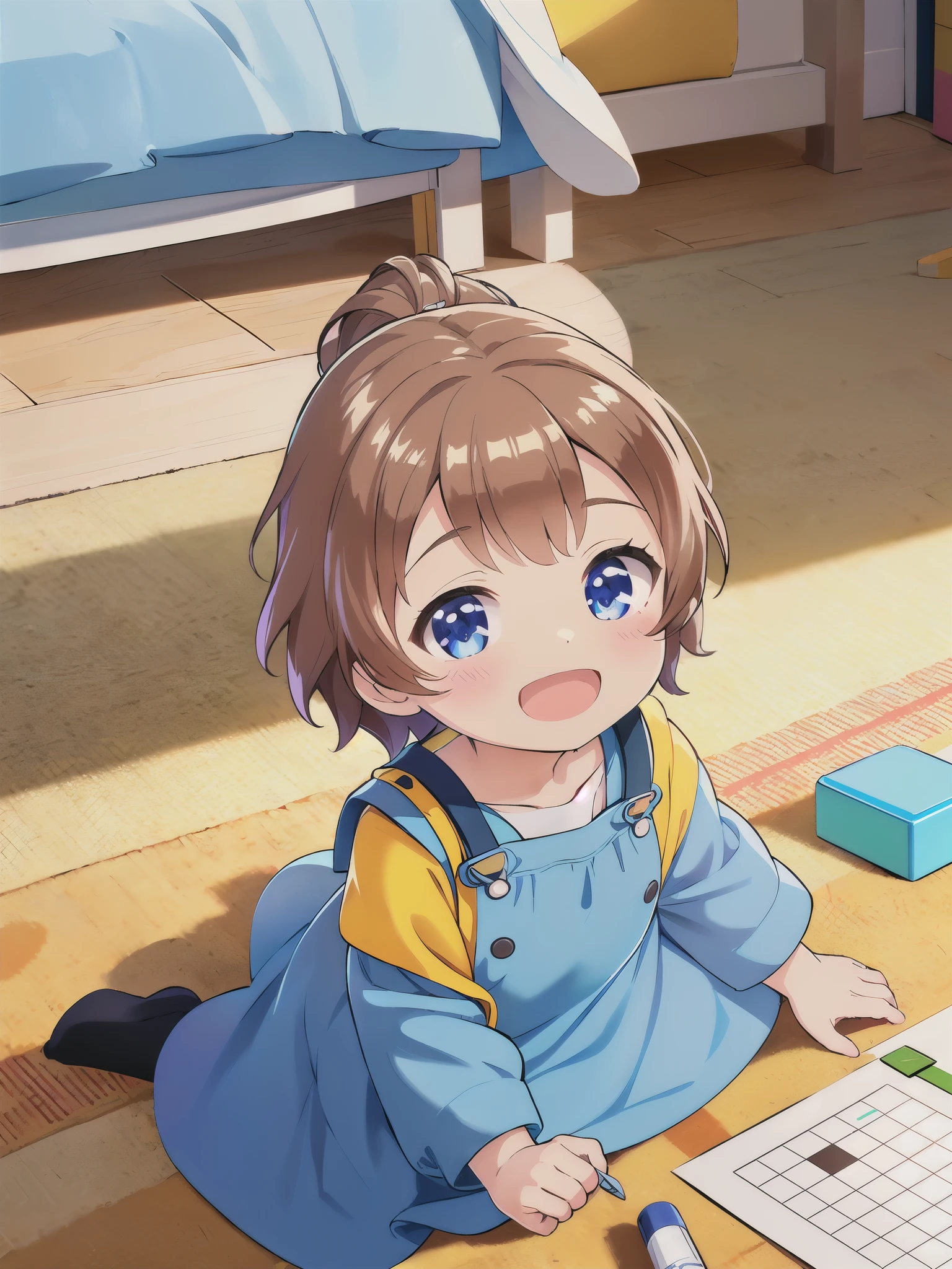 highest quality, (masterpiece:1.2), Very detailed,noon,((indoor,bedroom,album,albumの中の写真,))laughing,Lens flare,One Girl, alone, Brown Hair, short hair, bangs,kindergarten,crayon_have,(((Blue smock))),,smile,Open your mouth,5 ,(((Chibi))),Building Blocks,