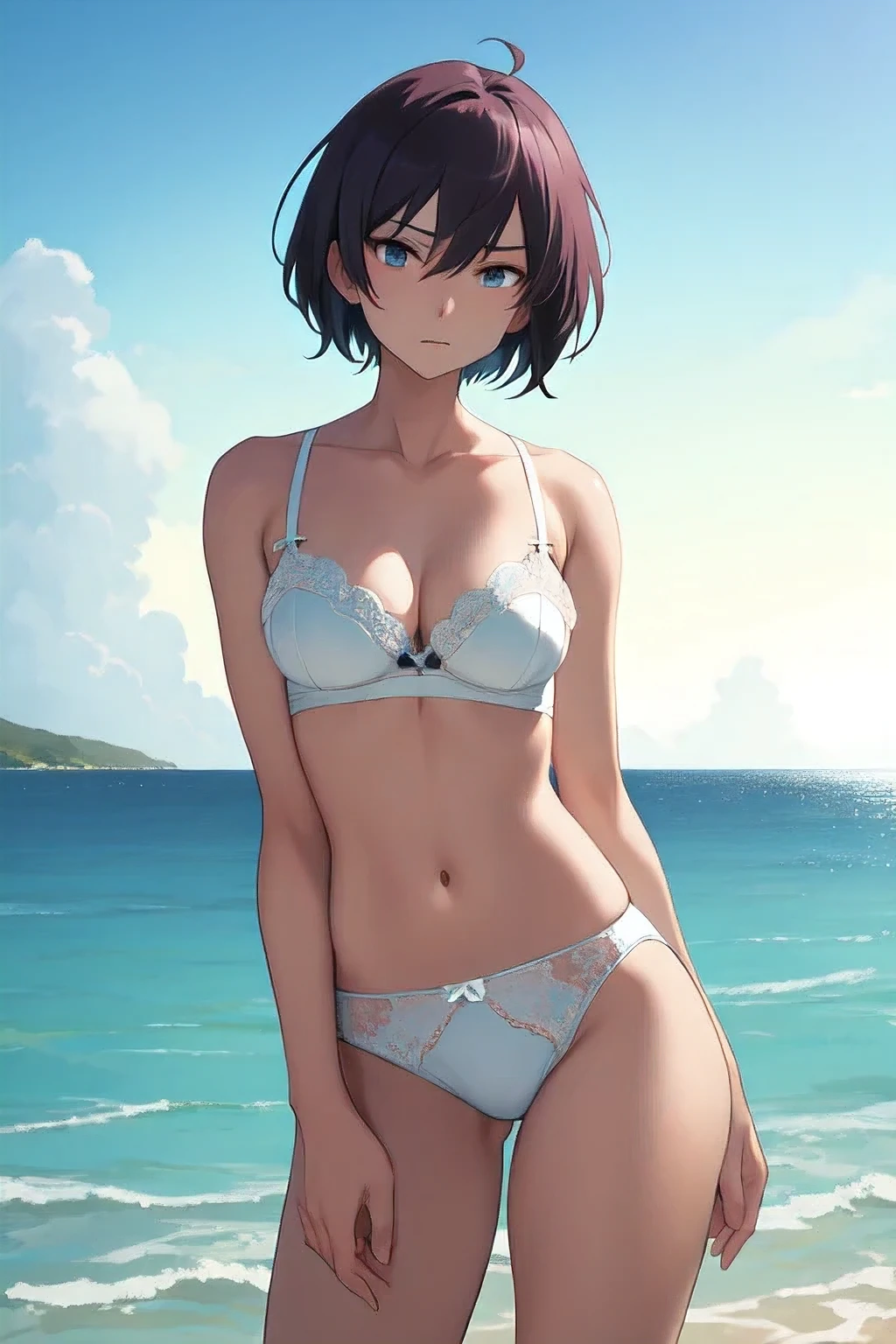 Create an anime-style illustration featuring a short-haired girl in a white lingerie set. Portray her with a masculine appearance, blending traits typically ociated with male characters in anime. Set the scene against a backdrop of the sea, capturing the contrast between her masculine demeanor and the serene oceanic environment. Emphasize her confident posture and expression, creating a character that challenges traditional gender norms in a visually striking way
