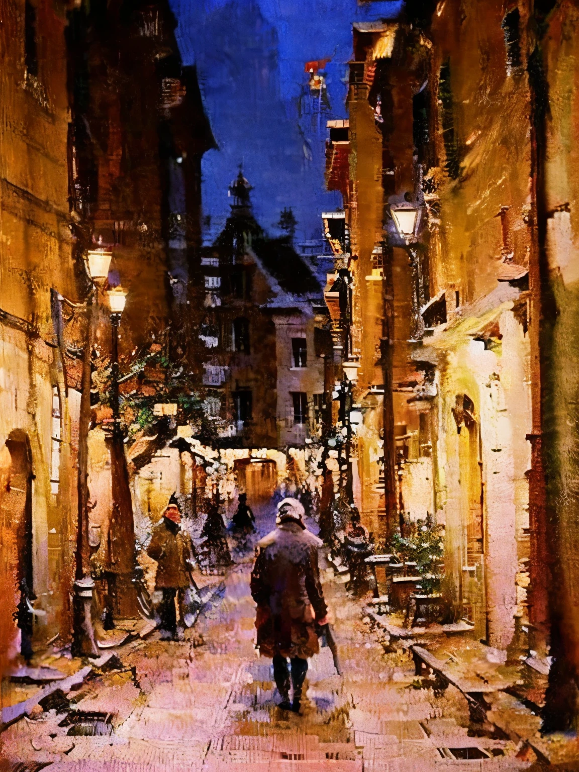 Generate a man walking through an old street。An old coat draped over his shoulders、The light coming in from the alley entrance illuminates the streetscape.。His steps are gentle、Cobblestones spread out in the background.。