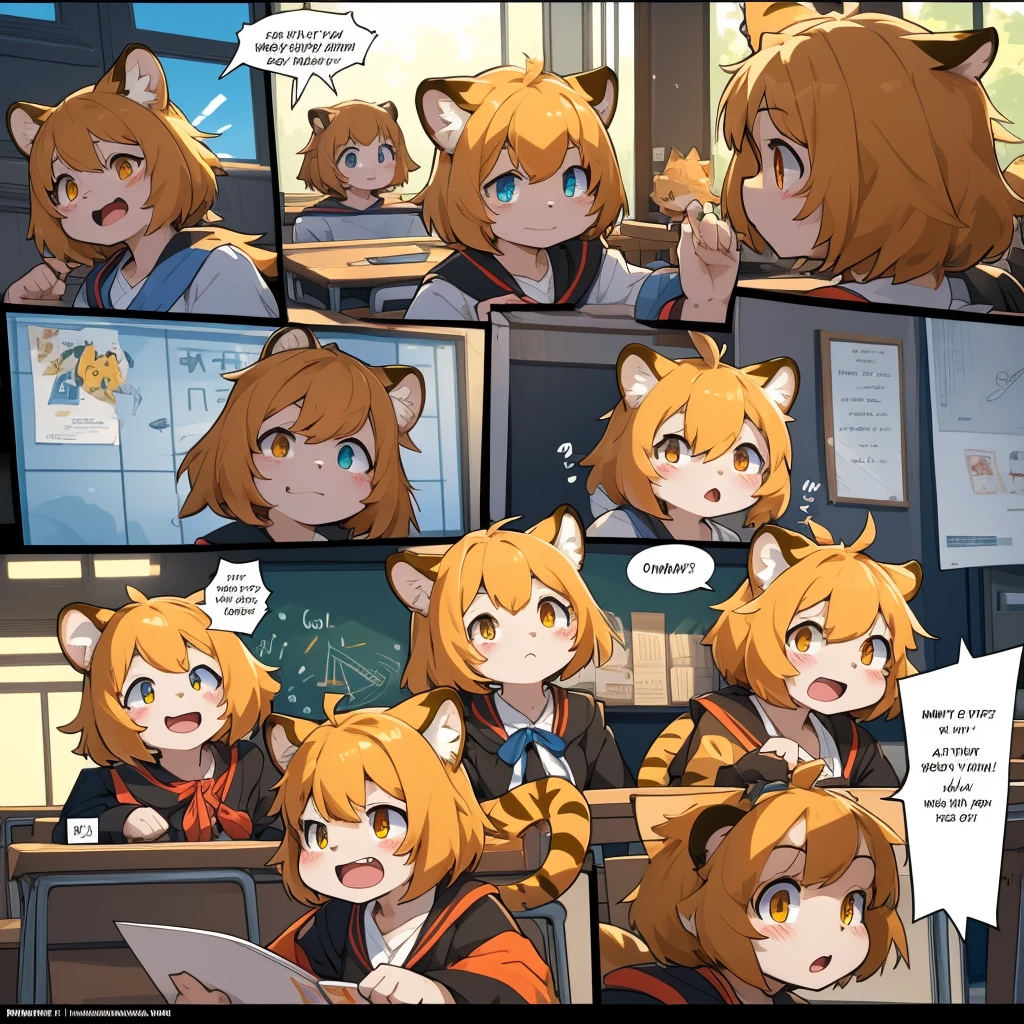 top quality, best quality, highres, masterpiece, School, class, 4+tiger boys, 8+tiger girls, absurdres(highly detailed beautiful face and eyes)perfect anatomy, good lighting, cinematic shadow(kemono, furry anthro)assorted expressions, assorted poses, assorted angles(girls comic-like panel layouts, speech balloon, English text, Hand-drawn sound effects stickers used in girls comic),