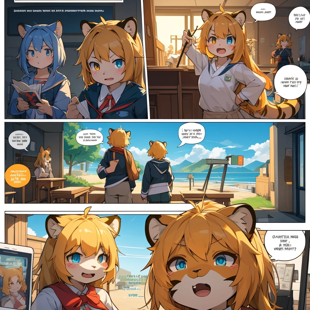 top quality, best quality, highres, masterpiece, School, class, 4+tiger boys, 8+tiger girls, absurdres(highly detailed beautiful face and eyes)perfect anatomy, good lighting, cinematic shadow(kemono, furry anthro)assorted expressions, assorted poses, assorted angles(girls comic-like panel layouts, speech balloon, English text, Hand-drawn sound effects stickers used in girls comic),