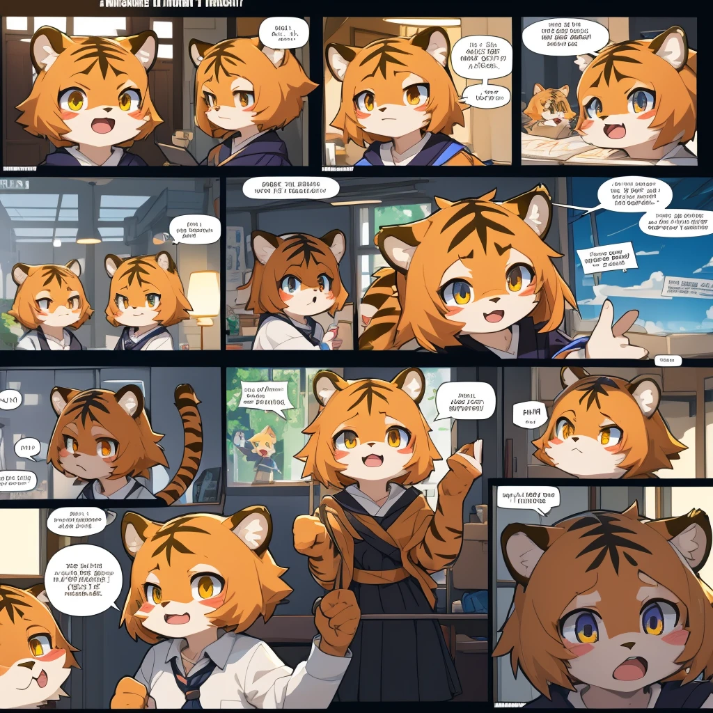 top quality, best quality, highres, masterpiece, School, class, 4+tiger boys, 8+tiger girls, absurdres(highly detailed beautiful face and eyes)perfect anatomy, good lighting, cinematic shadow(kemono, furry anthro)assorted expressions, assorted poses, assorted angles(girls comic-like panel layouts, speech balloon, English text, Hand-drawn sound effects stickers used in girls comic),
