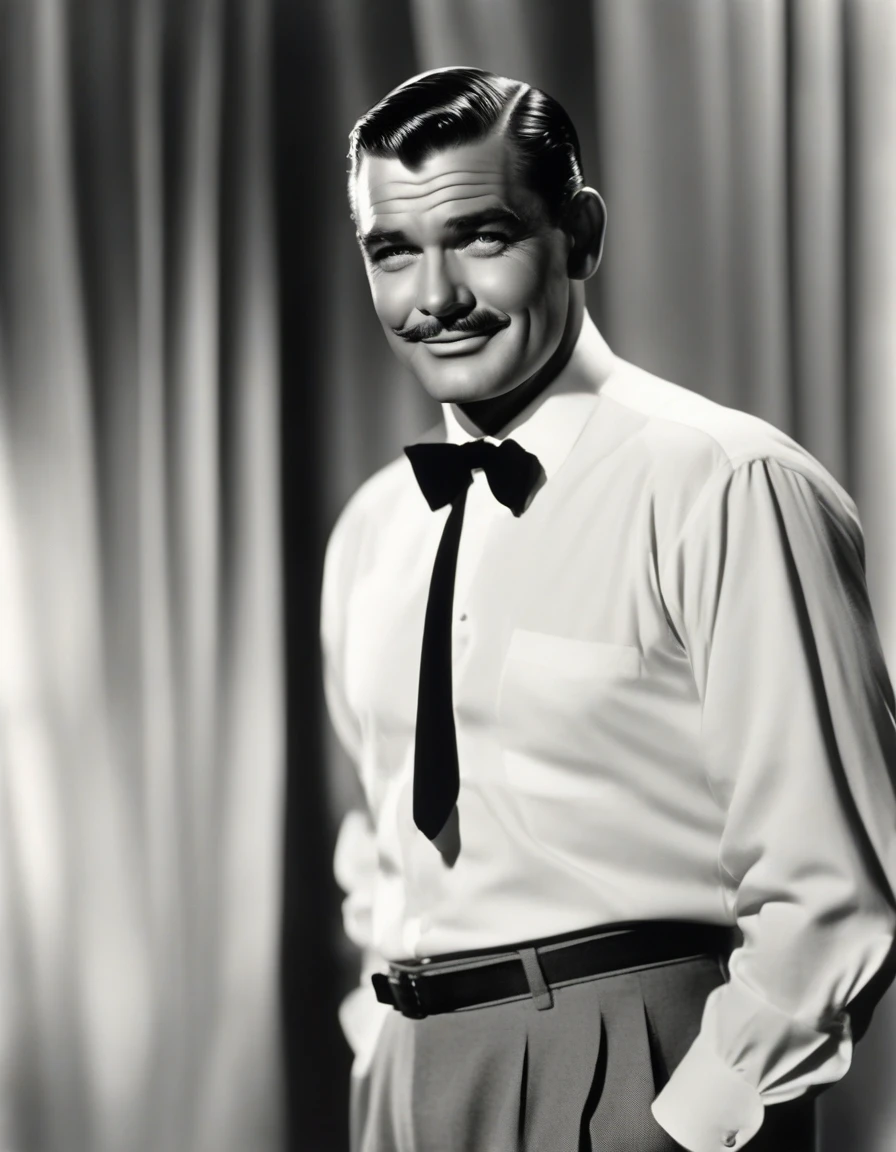 Clark Gable full body neutral pose of in a white shirt and bow tie and black trousers, black glasses, color vintage photo, balding, greyish hair, clean shaven, standing in a t pose, 1950s photography, default pose.