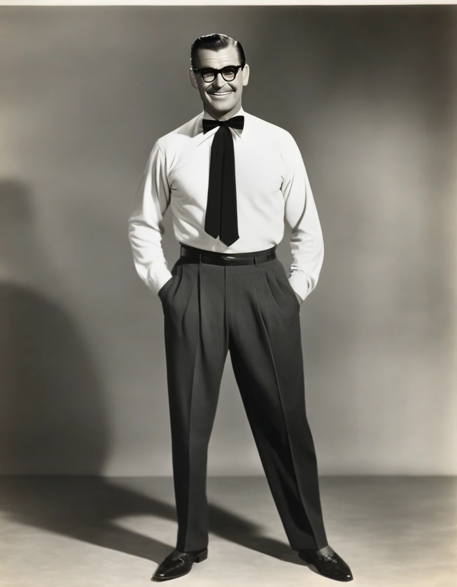 Clark Gable full body neutral pose of in a white shirt and bow tie and black trousers, black glasses, color vintage photo, balding, greyish hair, clean shaven, standing in a t pose, 1950s photography, default pose.