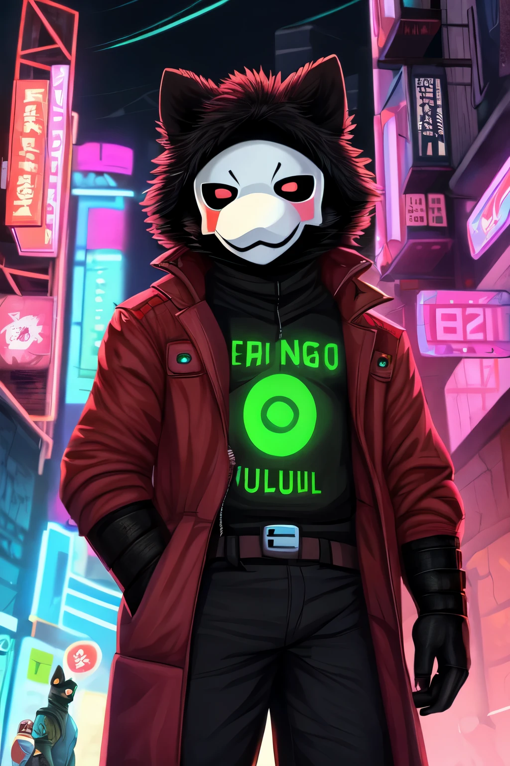 por hamster, puro, antropo, macho, Sozinho, roupas, pelagem, 2022, black roupas, capuz, tops pretos, olhos fechados, black capuz, fundo da cidade cyberpunk