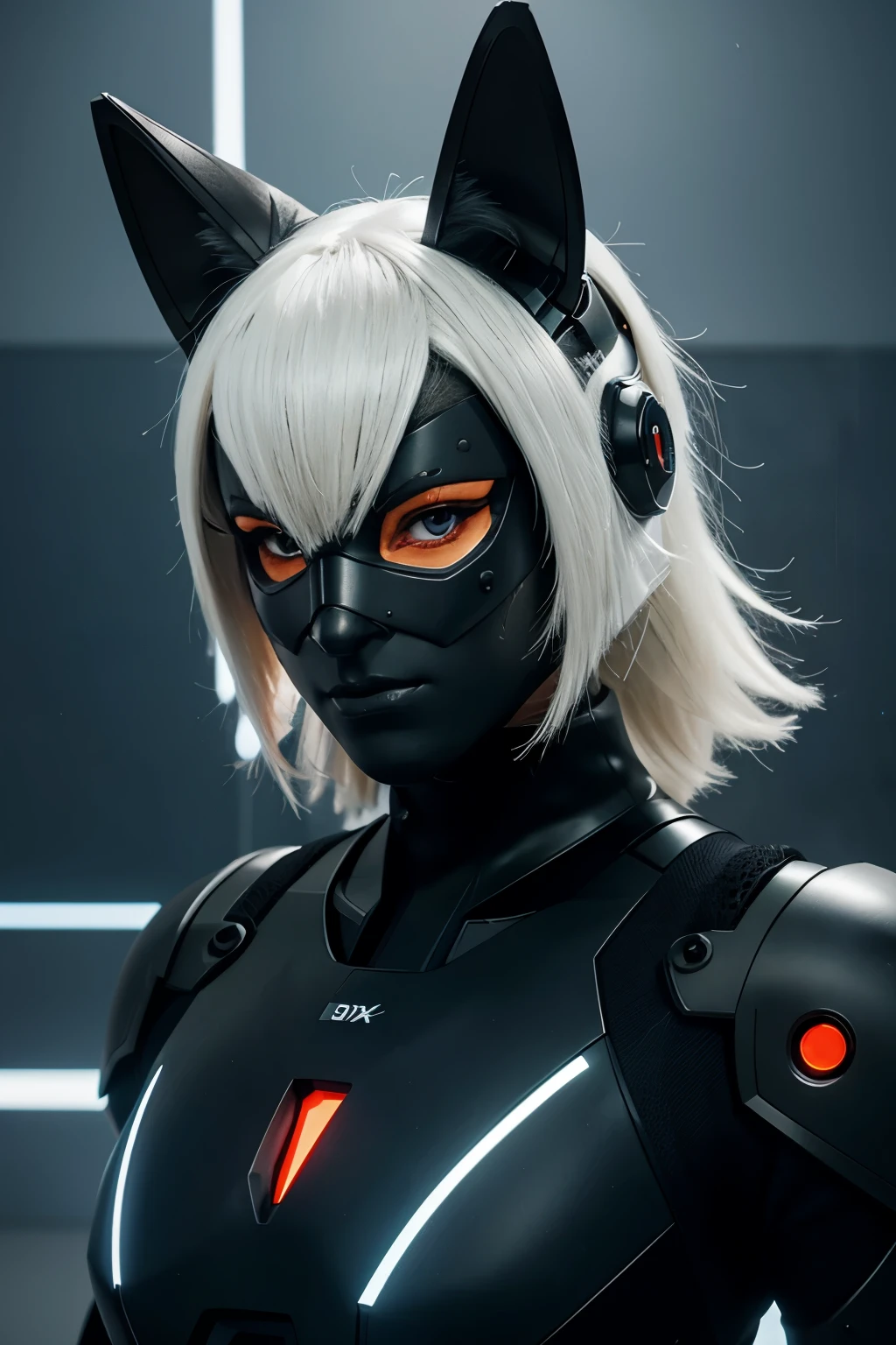 eine futuristische, anthropomorphe Grafik oder ein Avatar mit einem roboterhaften oder cyberspace-Thema. The character has great, fox-shaped ears and his face is covered by a mask or helmet with bright green eyes.Long white bangs on the left edge over the face. Etwas von der seite zeigend