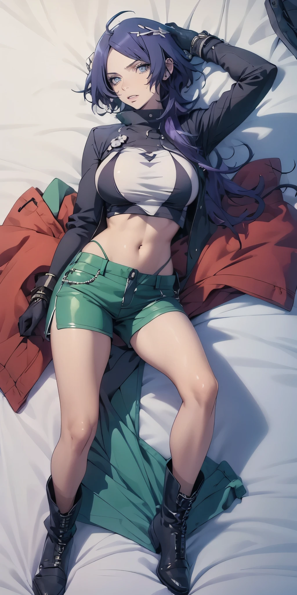 MC, ahoge, (long hari, purple hair:1.3), hair ornament, dark-blue eyes, anatomically correct, heavy breathing, mature female, anatomically correct, best quality, masterpiece, high quality, high details, highres, HD, 1girl, solo, long hair, breasts, large breasts, gloves, navel, jewelry, underwear, panties, full body, boots, lying, shorts, midriff, crop top, dakimakura \(medium\), unzipped, open fly, green shorts, hollow eyes, bright pupils, dark-blue eyes, looking at viewer. glowing eyes heavy breathing, embarrassed, clenched teeth, lips, bokeh