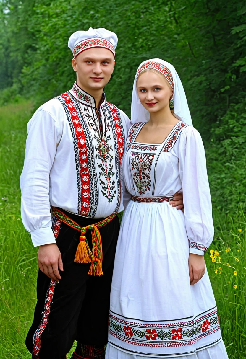 arafed couple in traditional clothing posing for a picture, traditional russia, slavic style, ukrainian national clothes, russian clothes, ukrainian national costume, traditional clothes, ukrainian, russian costume, traditional clothing, slavic!!!, wearing authentic attire, wearing traditional garb, slavic features, slavic, slavic folk fairytale, traditional dress
