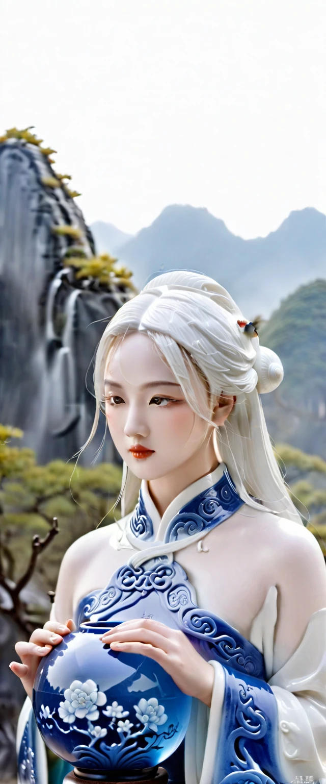 (wallpaper),32k,((Extremely exquisite and beautiful))，(((best quality))),(Ultra-high resolution)，Ceramic Chinese Girl，GLASS FACE，High Quality Fantasy Artifact Concept Art, Tai Chi background， Carved high-end porcelain, complicated, Landscape background，Gorgeous,
