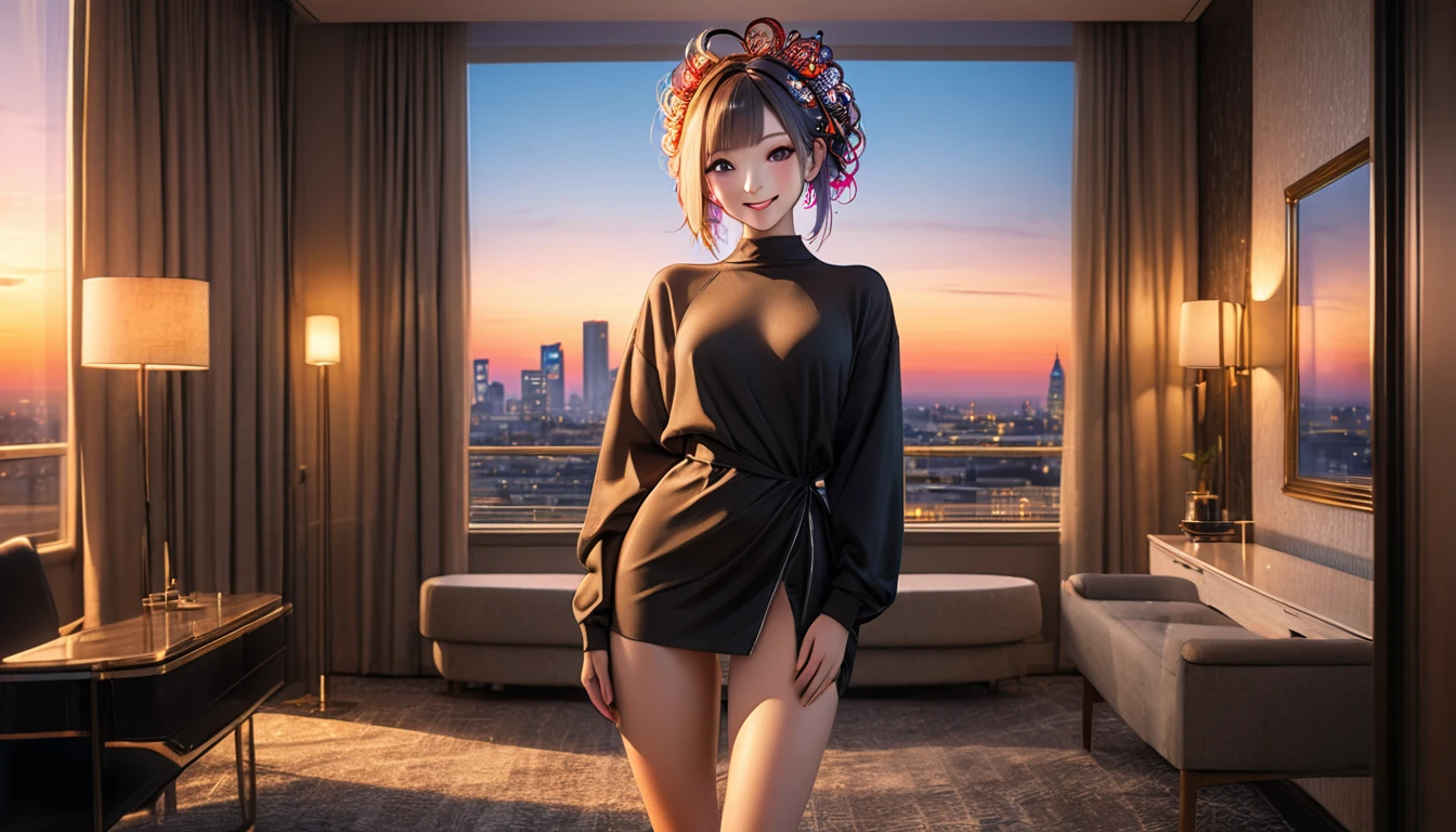 masterpiece, highest quality, 8k, High resolution, (Head to Toe:1.4), RAW digital fixed-point shot of young London woman standing proudly, slim, Sexy body and face, Smiling mockingly at the viewer, Expensive modern clothes, hair ornaments, Discreet Jewelry, Hotel Suite, Intricate details, At dusk, Indoor lighting and sunset from outside the frame, Realistic lighting, Dynamic colors through lighting, Surreal