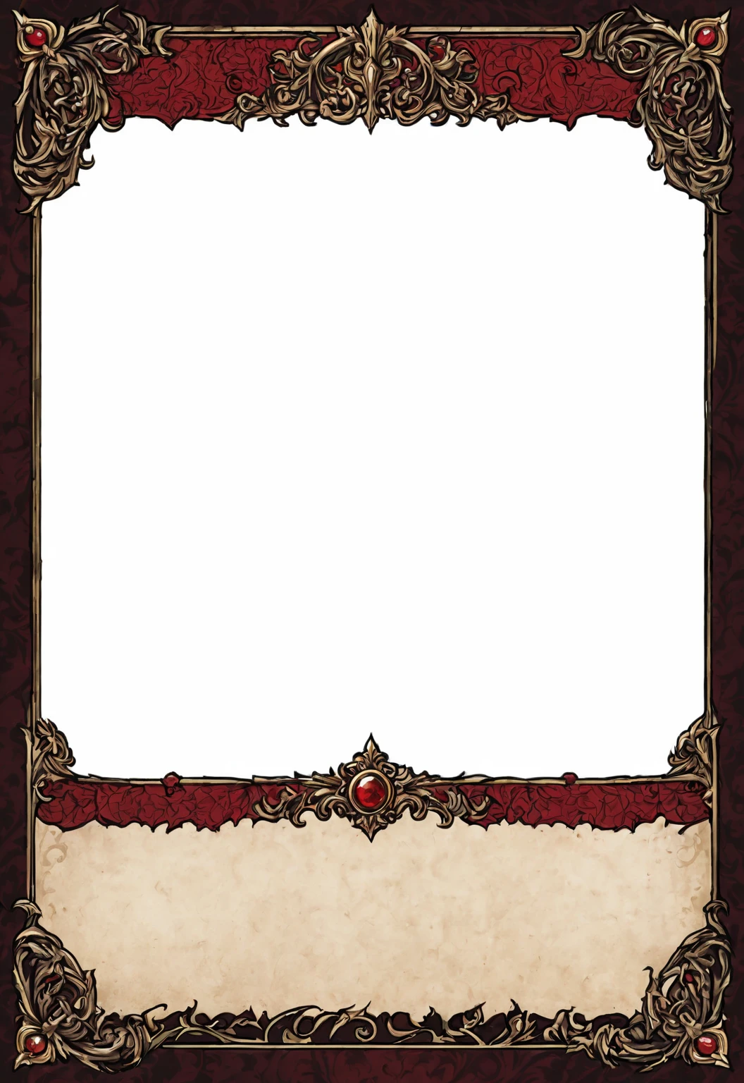 A card border UI,Medieval European aristocracy design,Dark Style,There are blood stains on the parchment backing.。Dark red main color。