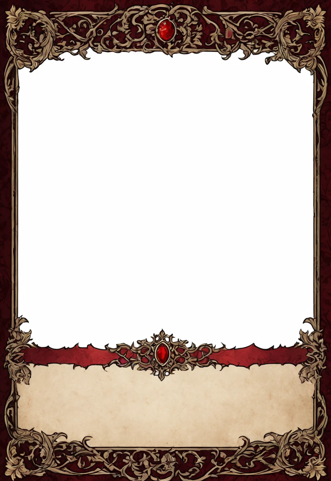 A card border UI,Medieval European aristocracy design,Dark Style,There are blood stains on the parchment backing.。Dark red main color。