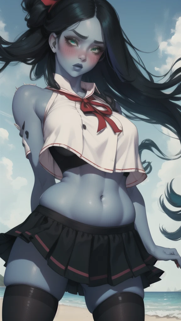 TheSpirit, floating hair ,((blue skin)),green eyes,navel, solo, beach, close up, blush,black skirt, SpiScho,very Long hair, fingernails, black stockings,fat black thighhighs, (insanely detailed, beautiful detailed face, masterpiece, best quality), spread legs, grab belly, ((black nylon crop top)),wide hip, fat belly