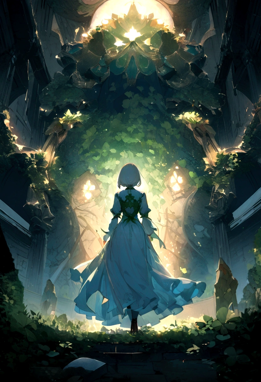 Generate a person standing under a high wall,Holding a lucky four-leaf clover, looking up and forward,Background two-dimensional wallpaper 4k ultra clear,The character is a girl,With your back to me,night
