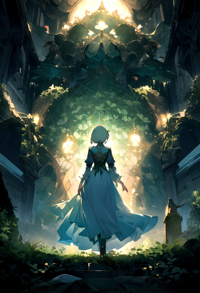 Generate a person standing under a high wall,Holding a lucky four-leaf clover, looking up and forward,Background two-dimensional wallpaper 4k ultra clear,The character is a girl,With your back to me,night