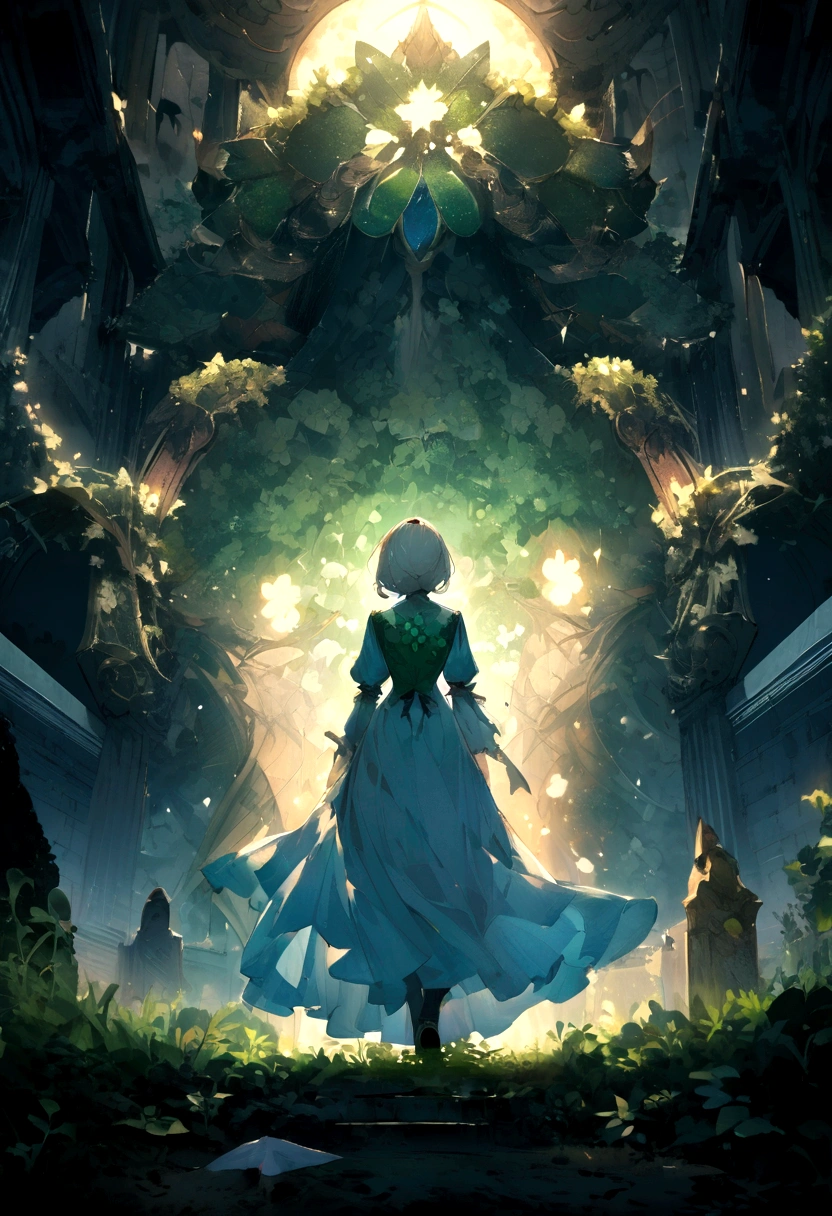 Generate a person standing under a high wall,Holding a lucky four-leaf clover, looking up and forward,Background two-dimensional wallpaper 4k ultra clear,The character is a girl,With your back to me,night
