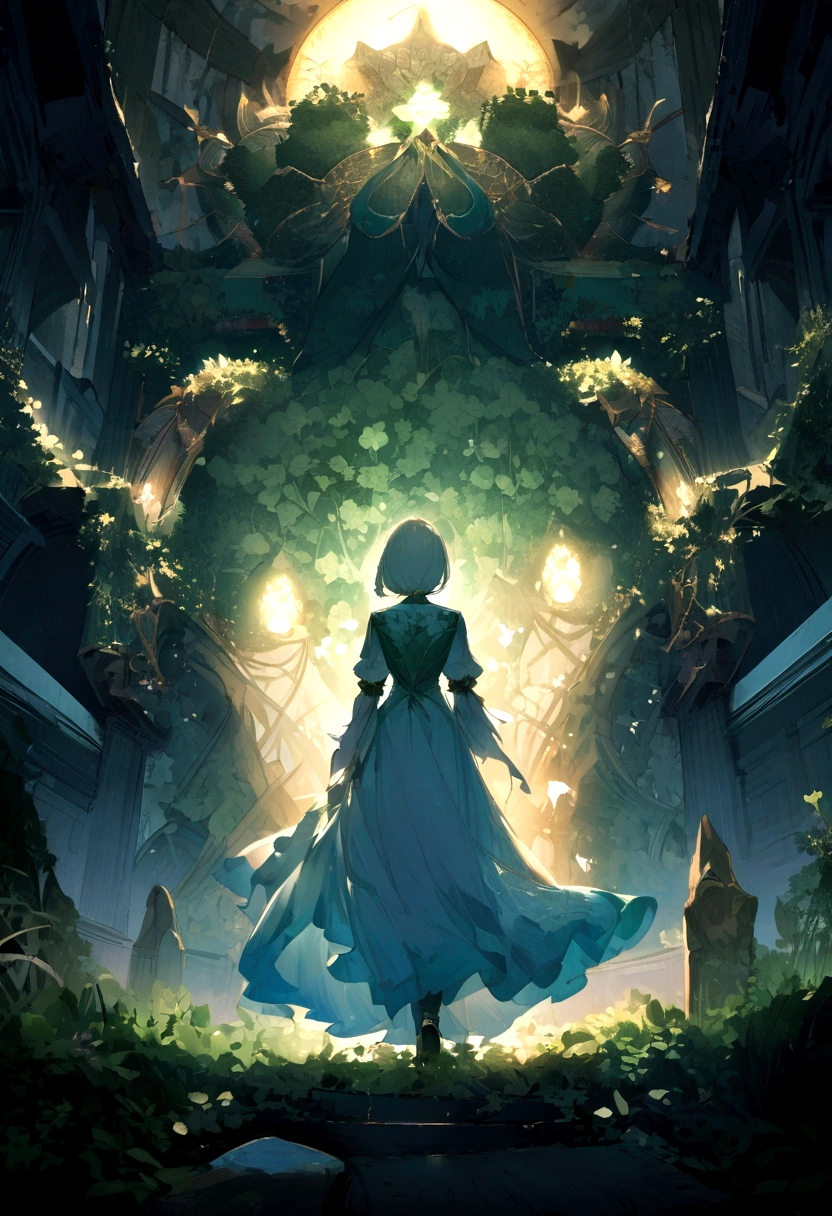 Generate a person standing under a high wall,Holding a lucky four-leaf clover, looking up and forward,Background two-dimensional wallpaper 4k ultra clear,The character is a girl,With your back to me,night