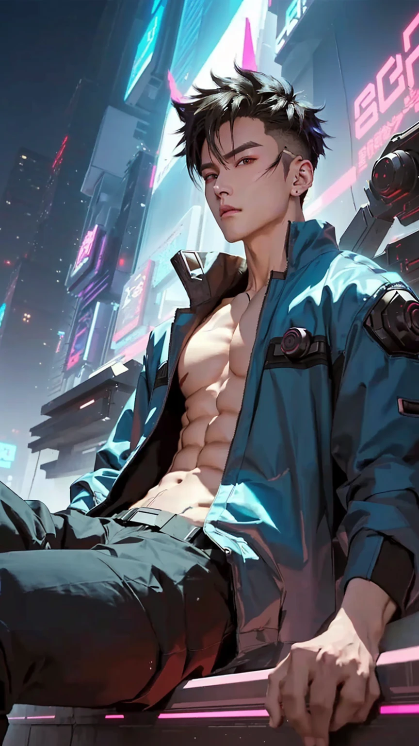  guy with a shirtless torso sitting on a ledge in a city, digital cyberpunk anime art, digital cyberpunk -  cyberpunk art, cyberpunk art, artwork in the style of guweiz, ross tran style, modern cyberpunk anime, muscular! cyberpunk, inspired by Yanjun Cheng, handsome pose, oppai cyberpunk, cyberpunk art style,big muscle breasts, marvelous muscle , big chest