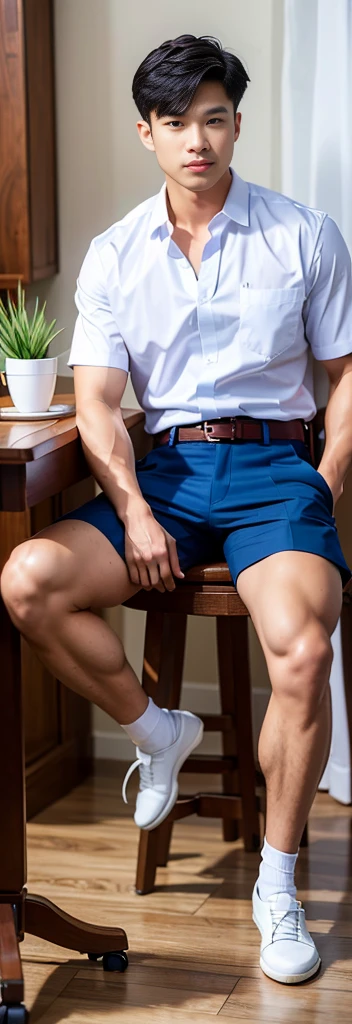Masterpiece, best quality, High quality, วอลล์เปเปอร์ CG unity 8k ที่มีvery detailed, depth of field, HDR,,photorealistic,very detailed, 1 man sitting on a chair, Asia, black short hair, , (Thai , white shirt), dark Blue cargo shorts, chest muscles, Big arm muscles, blood vessel, big muscles, Broad shoulders, looking at the audience, Balancing the eyes, (Make eye contact)