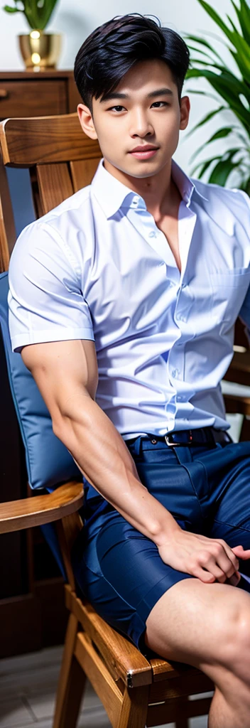 Masterpiece, best quality, High quality, วอลล์เปเปอร์ CG unity 8k ที่มีvery detailed, depth of field, HDR,,photorealistic,very detailed, 1 man sitting on a chair, Asia, black short hair, , (Thai , white shirt), dark Blue cargo shorts, chest muscles, Big arm muscles, blood vessel, big muscles, Broad shoulders, looking at the audience, Balancing the eyes, (Make eye contact)