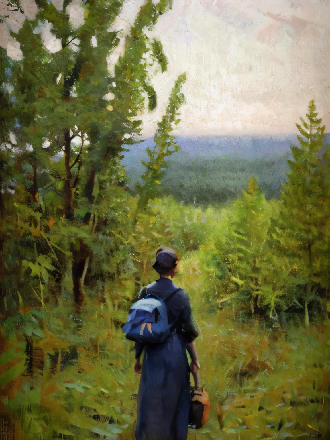 Generate a back view of a woman walking through the forest。she is wearing casual clothes、I carry a backpack on my shoulder。Light is a tree々Plug in from between、Please make sure that the texture of her hair and clothes stands out in a natural way.