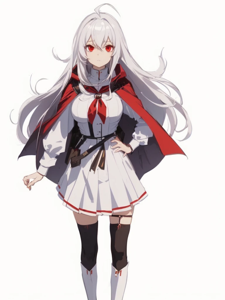 masterpiece, best quality, comic, adorable girl, very long hair, white hair, ahoge, eyeball, expressionless,  red eyes, large breasts, seifuku, cape, skirt, black thighhighs, boots, side backpack, hand_on_hip, 