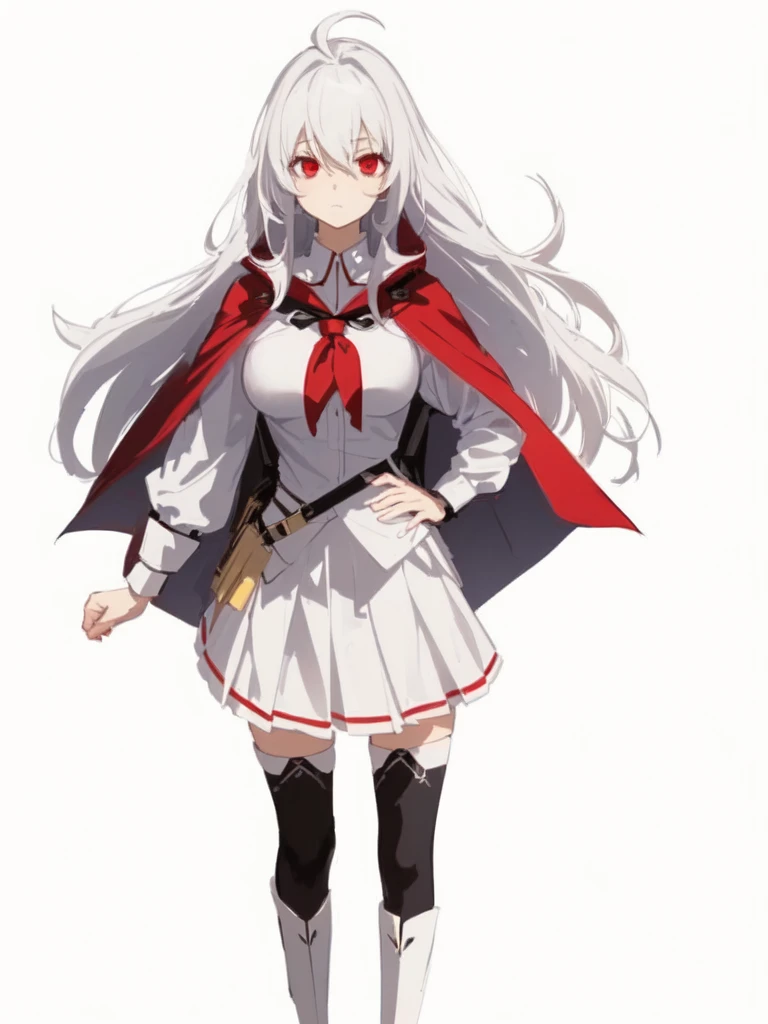 masterpiece, best quality, comic, adorable girl, very long hair, white hair, ahoge, eyeball, expressionless, red eyes, large breasts, seifuku, cape, skirt, black thighhighs, boots, side backpack, hand_on_hip,