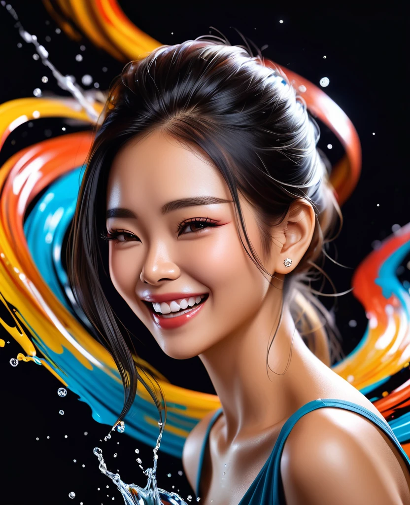 A realistic image of a smiling Thai woman splashing colors that swirl in circles like Jupiter.. Gorgeous colors,Dark black background