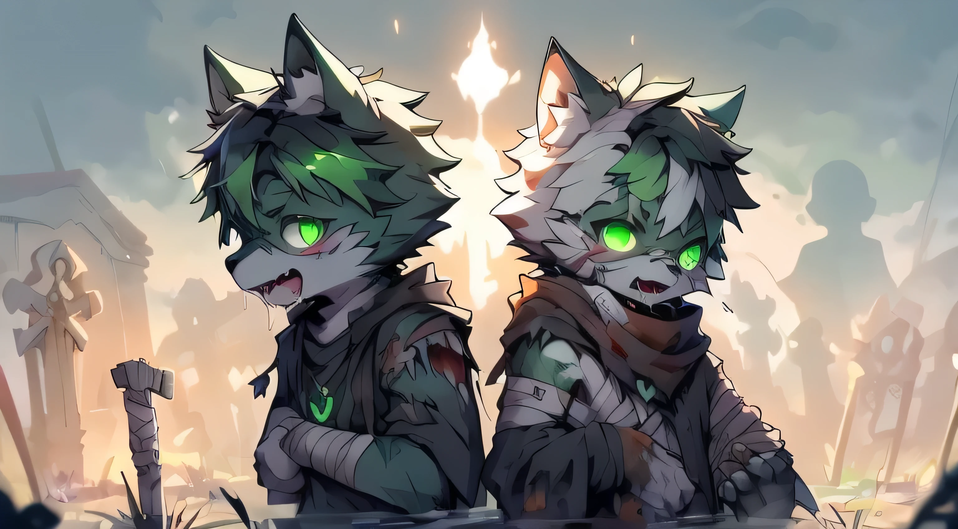 A boy with wolf features, infected by a zombie virus, wearing tattered clothes in a graveyard at night, with green fur, wounds, claws, paw pads, open mouth, drooling green saliva, glowing green eyes, bandages, and green dye, surrounded by decaying zombie flesh