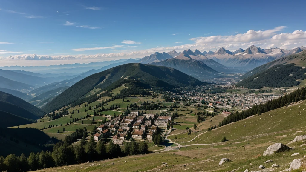 fantasy setting. medieval city far away in the distance. photo taken on mountains, far away from the city