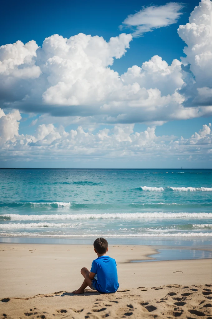 Boy sitting on the beach imagining things in the clouds