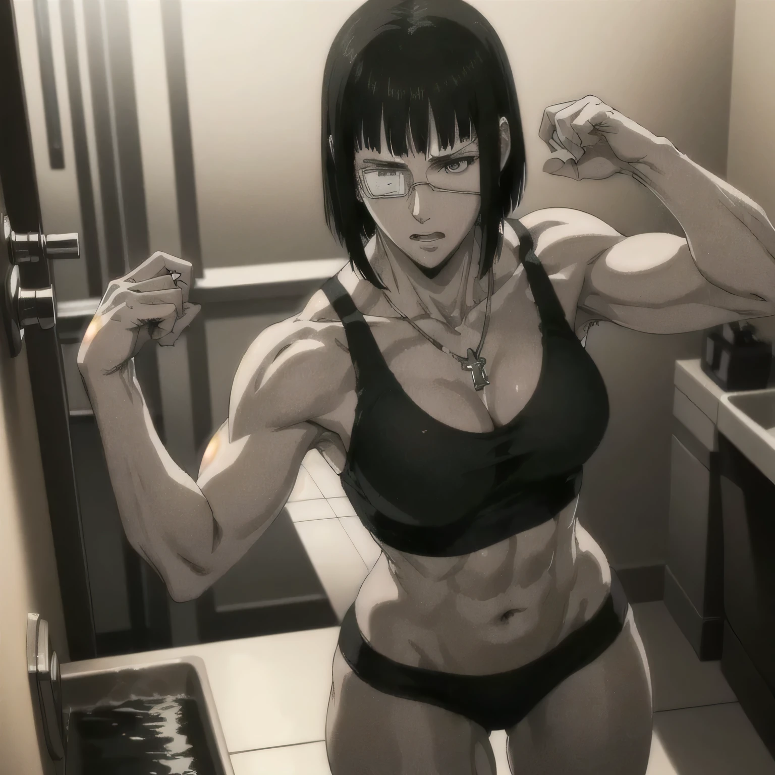 (best quality,ultra-detailed,realistic:1.37),musclaur badass girl with sculpted body with preview her musclaur body and six-pack, full review of the female character's face and body, intense expression,studio lighting, vivid colors, physiologically-based rendering, grungy texture, rugged background, dust particles in the air, commanding presence, professional, powerful, gritty aesthetics,,Valmet،short hair،tattoos on shoulders,,Shining muscles, muscle protrusion,wearing military male black underwear and midriff tank top,necklace,Valmet have a sex muscles,eyepatch,penis,wet body,wet clothes,white skin,water dropped on body,Shining skin,in bathroom, standing in front of a Hand washbasin,washing a hands,Valmet only,sexy six-pack,sexy penis inside underwear,penisQuiron,penis growth inside underwear,