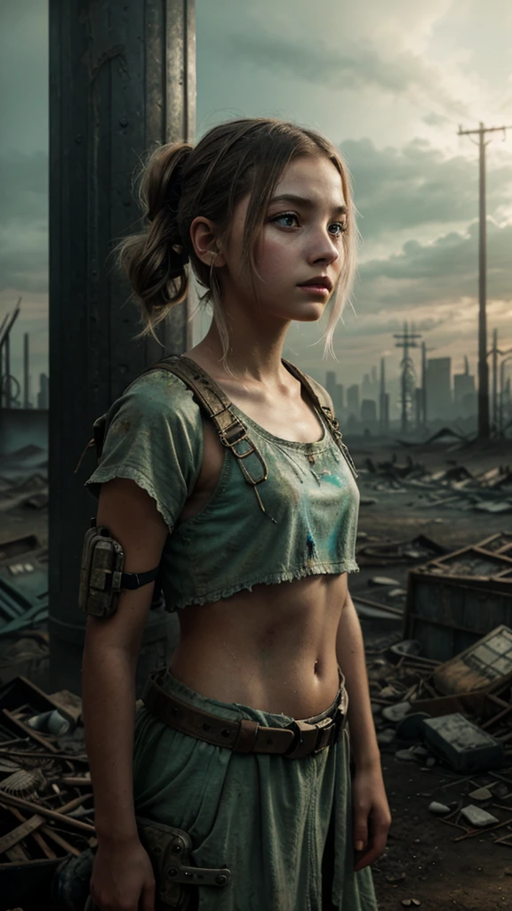 Girl in Post-Apocalyptic Hybrid Pastel Dreamlike Whimsy Photorealistic Ethereal Fantasy