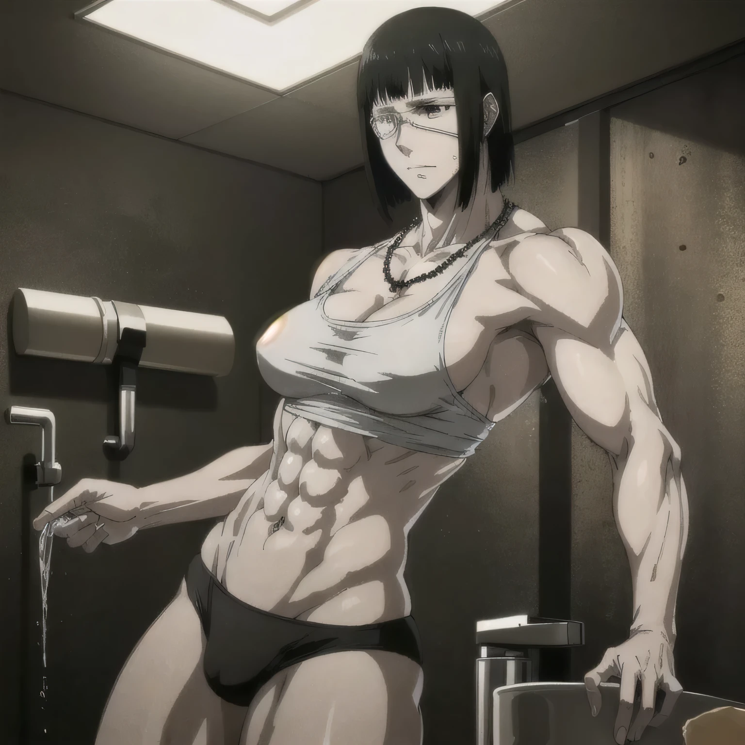 (best quality,ultra-detailed,realistic:1.37),musclaur badass girl with sculpted body with preview her musclaur body and six-pack, full review of the female character's face and body, intense expression,studio lighting, vivid colors, physiologically-based rendering, grungy texture, rugged background, dust particles in the air, commanding presence, professional, powerful, gritty aesthetics,,Valmet،short hair،tattoos on shoulders,,Shining muscles, muscle protrusion,wearing military male black underwear and midriff tank top,necklace,Valmet have a sex muscles,eyepatch,penis,wet body,wet clothes,white skin,water dropped on body,Shining skin,in bathroom, standing in front of a Hand washbasin,washing a hands,Valmet only,sexy six-pack,sexy penis inside underwear,penisQuiron,penis growth inside underwear,