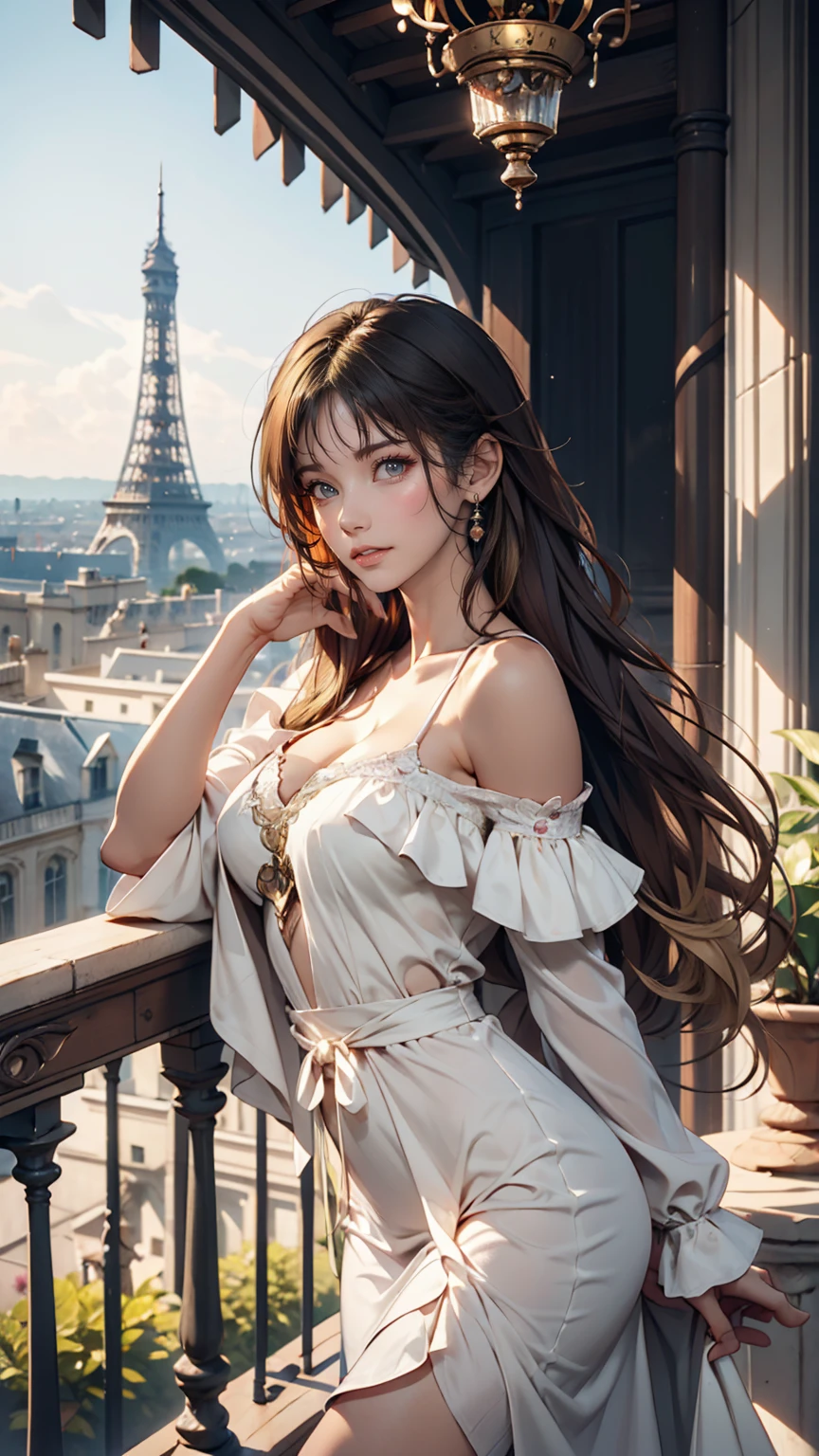 View of the Eiffel Tower from a balcony at the Palace of Versailles、24 year old Caucasian female、Blonde、Wear an off-the-shoulder dress、Place your hands on the balcony railing