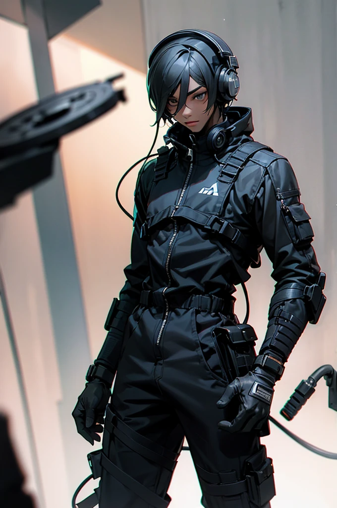 Young adult, Male. african American, black jumpsuit, headphones, armed.
