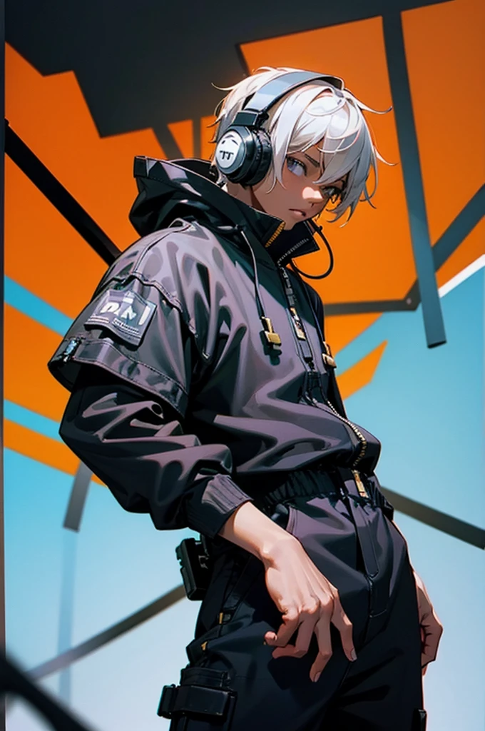 Young adult, Male. african American, black jumpsuit, headphones, armed.