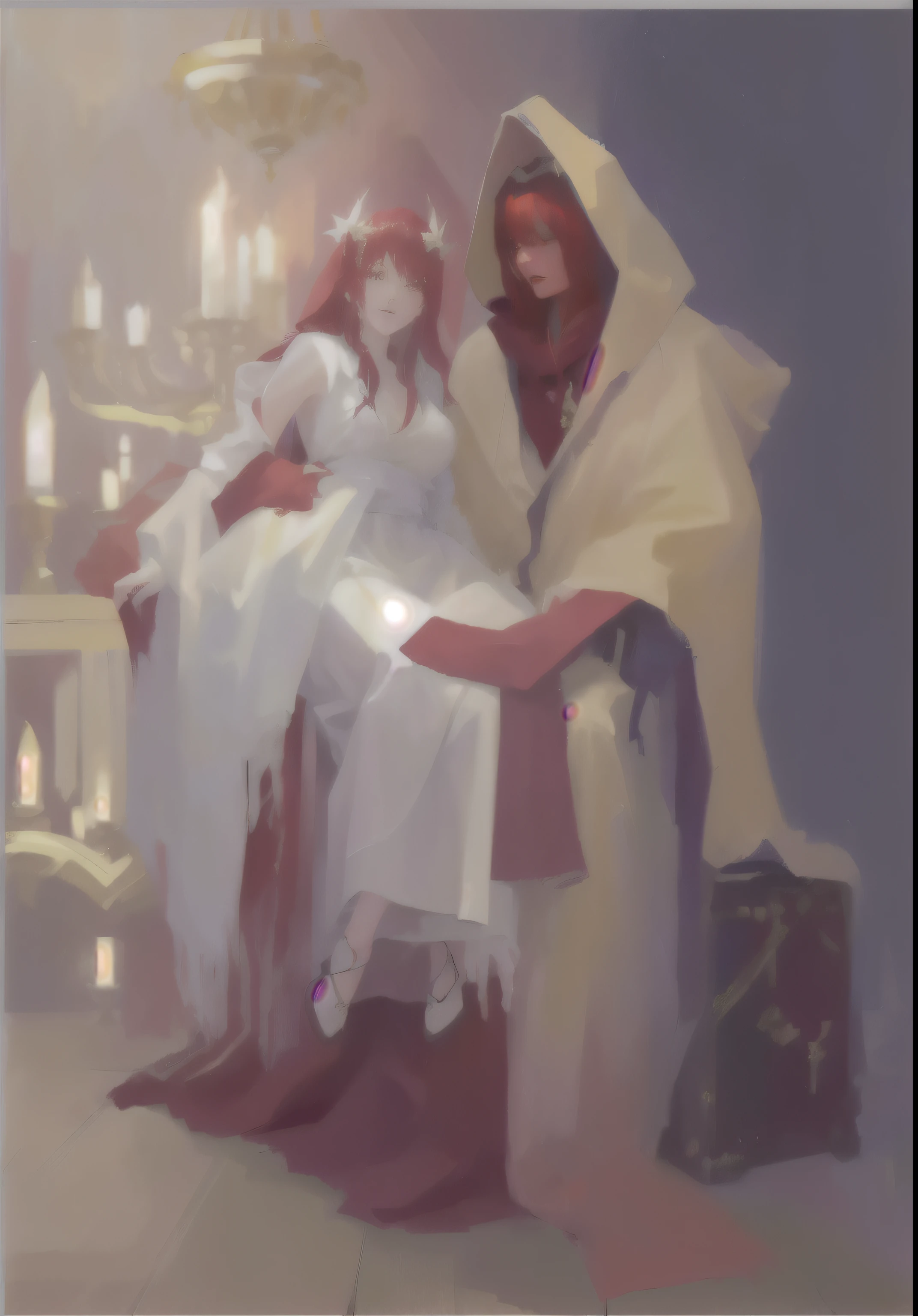 There is a painting,The painting shows a woman and a demon sitting on a chair, Produced in collaboration with Anime Painter Studio, In the anime painter studio, Wearing a cult red robe, dnd fantasy art, concept art!!, bloody + concept art, Rob Ray and Kentaro Miura style, holy fire spell art, fast, Goddess of Terror,A crystal chandelier in the background,crystal Light