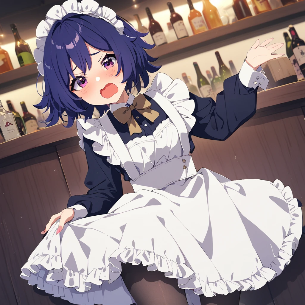 1 Girl, Boat \(Genshin Impact\), Solitary, maid, maid headdress, maid apron, embarrassed, Pantyhose, open mouth, blush, Open your mouth, looking at the audience, Cowboy shooting, bar \(place\), indoors, Depth of Field, masterpiece