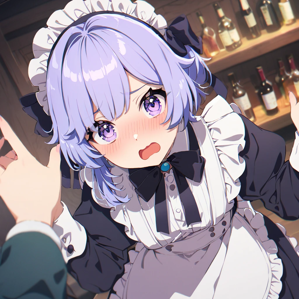 1 Girl, Boat \(Genshin Impact\), Solitary, maid, maid headdress, maid apron, embarrassed, Pantyhose, open mouth, blush, Open your mouth, looking at the audience, Cowboy shooting, bar \(place\), indoors, Depth of Field, masterpiece
