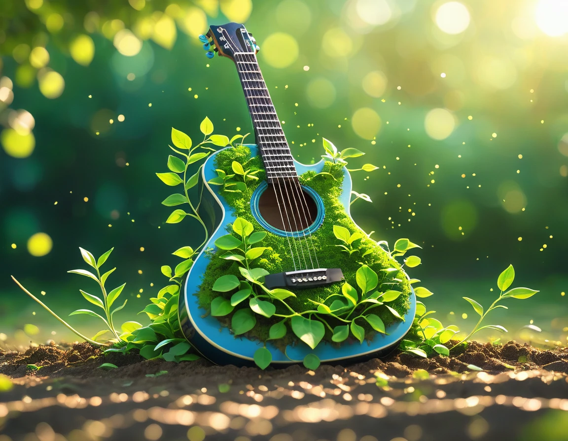 a giant guitar embedded in the ground, so that from the guitar grows roots and leaves, leaves creeping up into the sky, with leaves growing along the neck and strings, with vines and flowers entwined around it. Use a central shooting angle. The lighting should be natural sunlight, thereby creating a peaceful and harmonious atmosphere. Ensure highly detailed, sharp focus and very high quality images without blur, 4K.