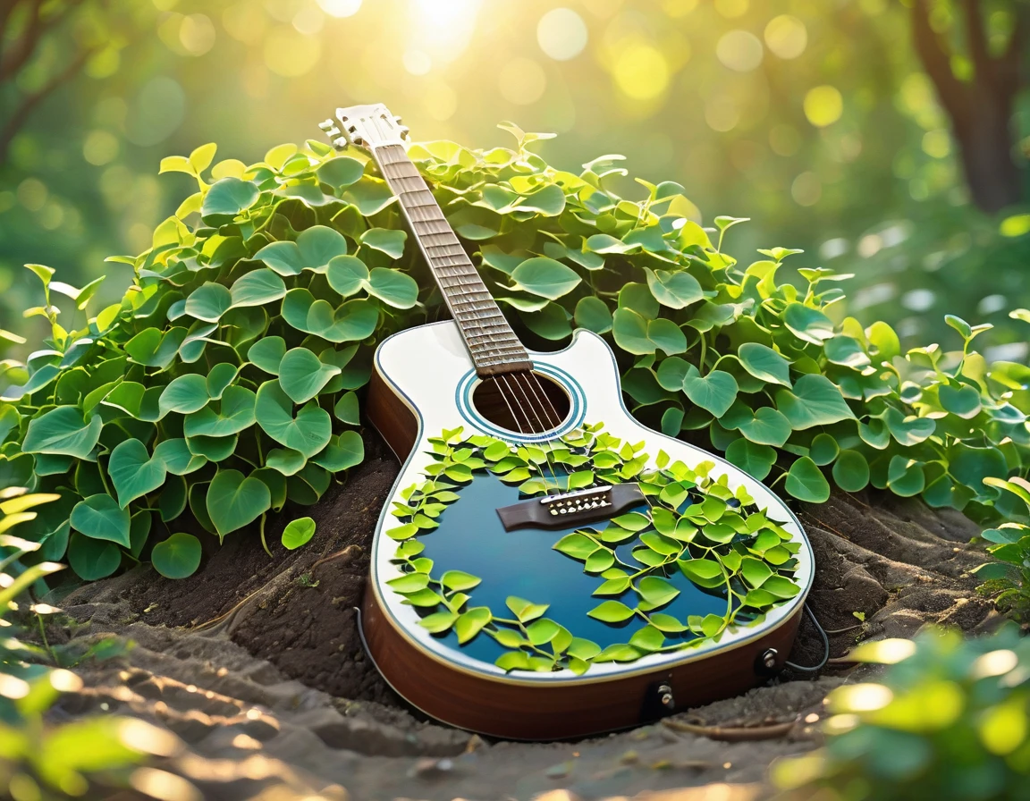 a giant guitar embedded in the ground, so that from the guitar grows roots and leaves, leaves creeping up into the sky, with leaves growing along the neck and strings, with vines and flowers entwined around it. Use a central shooting angle. The lighting should be natural sunlight, thereby creating a peaceful and harmonious atmosphere. Ensure highly detailed, sharp focus and very high quality images without blur, 4K.