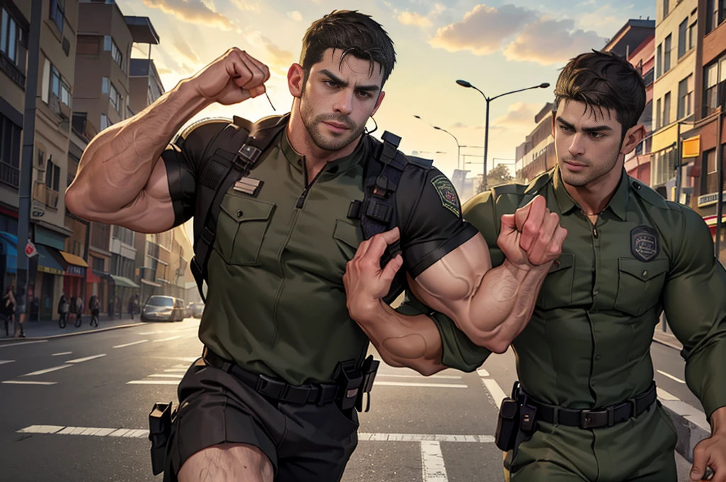 (Create a masterpiece: 1.2),(CGI art:1.3),(realistic:1.5),(After processing:1.3),(Sharp focus:1.3),1 man , straight, front ,Chris Redfield ,(black hair), smile, (Wear color olive green  uniform with a Police badge: 1.2), olive green cargo, Korean guy , korean men, (High gloss details), chest muscles, large arm muscles, blood vessel, Big muscles, Broad shoulders, looking at the audience, Balancing the eyes, middle of the road,(Run and fight:1.6)