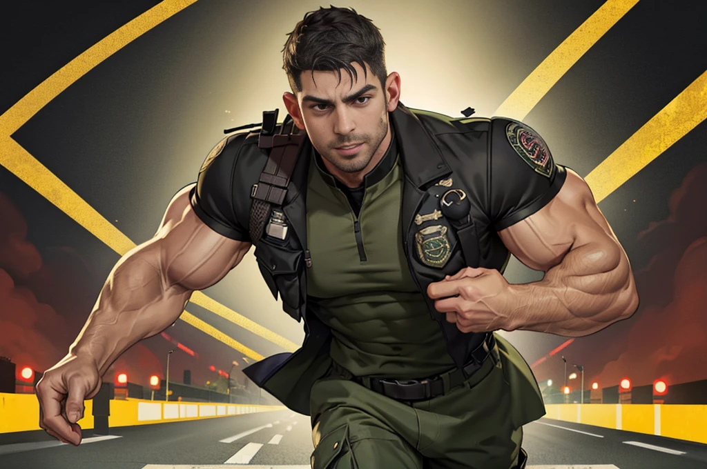 (Create a masterpiece: 1.2),(CGI art:1.3),(realistic:1.5),(After processing:1.3),(Sharp focus:1.3),1 man , straight, front ,Chris Redfield ,(black hair), smile, (Wear color olive green uniform with a Police badge: 1.2), olive green cargo, Korean guy , korean men, (High gloss details), chest muscles, large arm muscles, blood vessel, Big muscles, Broad shoulders, looking at the audience, Balancing the eyes, middle of the road,(Run and fight:1.6)