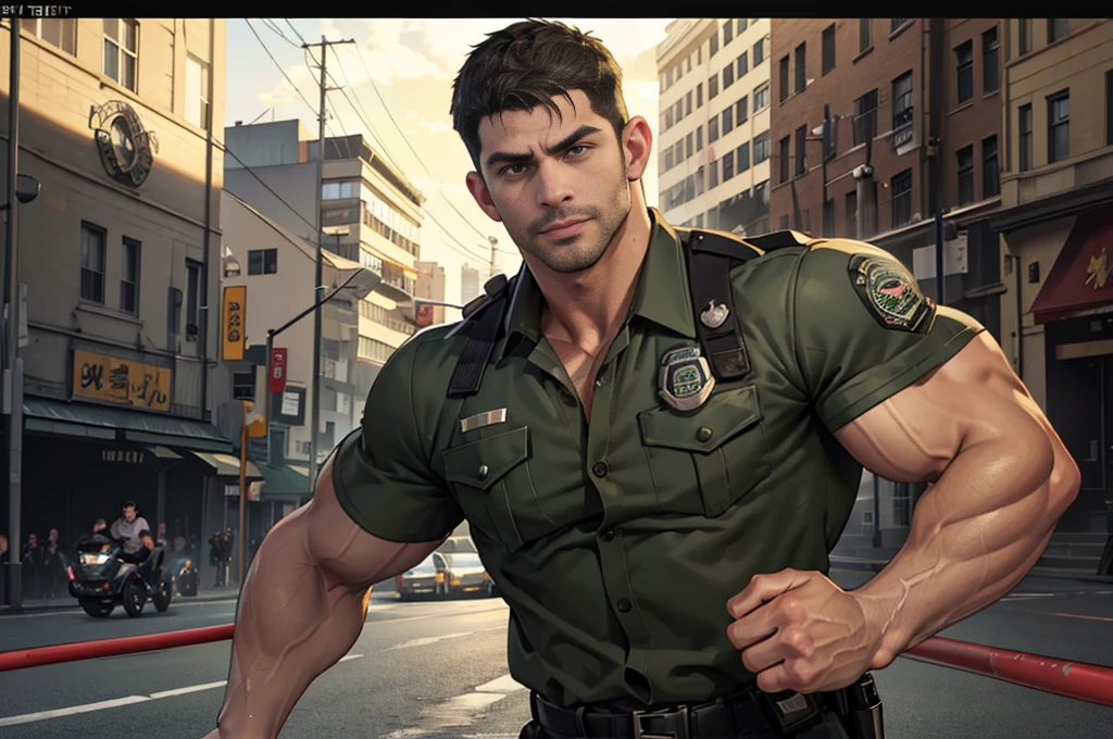 (Create a masterpiece: 1.2),(CGI art:1.3),(realistic:1.5),(After processing:1.3),(Sharp focus:1.3),1 man , straight, front ,Chris Redfield ,(black hair), smile, (Wear color olive green uniform with a Police badge: 1.2), olive green cargo, Korean guy , korean men, (High gloss details), chest muscles, large arm muscles, blood vessel, Big muscles, Broad shoulders, looking at the audience, Balancing the eyes, middle of the road,(Run and fight:1.6)