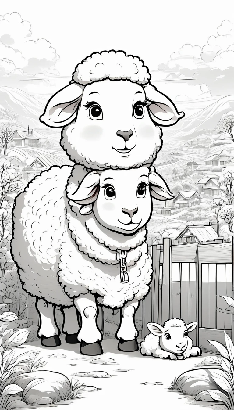 linear black and white drawing of a cute sheep acts as a physiotherapist to help a cow in distress in a grand evallation. Wide view, simple lines, thin and defined outlines, no shading, no colors, perfect to be colored, cartoon style, clean lines, suitable for children.